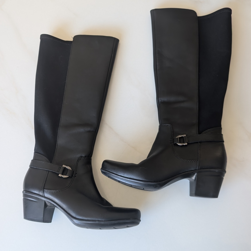 Clarks Emslie March Black Leather Cuir Noir Knee Tall Riding Boot Size 6